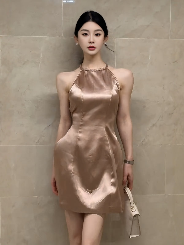 Halter Neck Satin A-Line Mini Dress