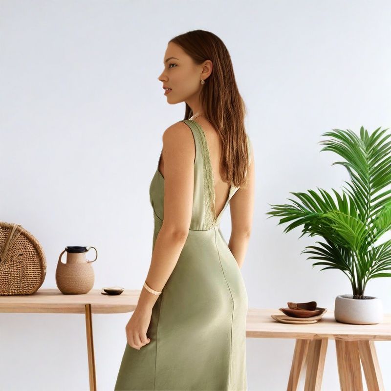 Deep V-Neck Open Back Satin Maxi Dress