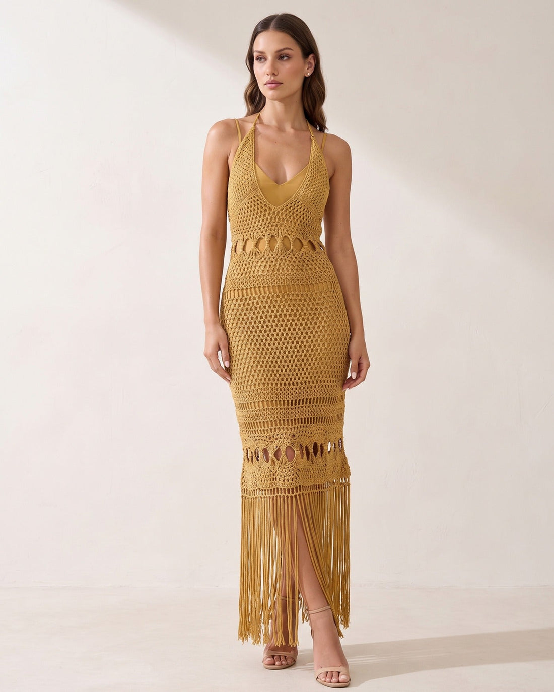 Halter open-knit cutout fringe maxi dress in mustard from LUNETTE (Lunette Woman)