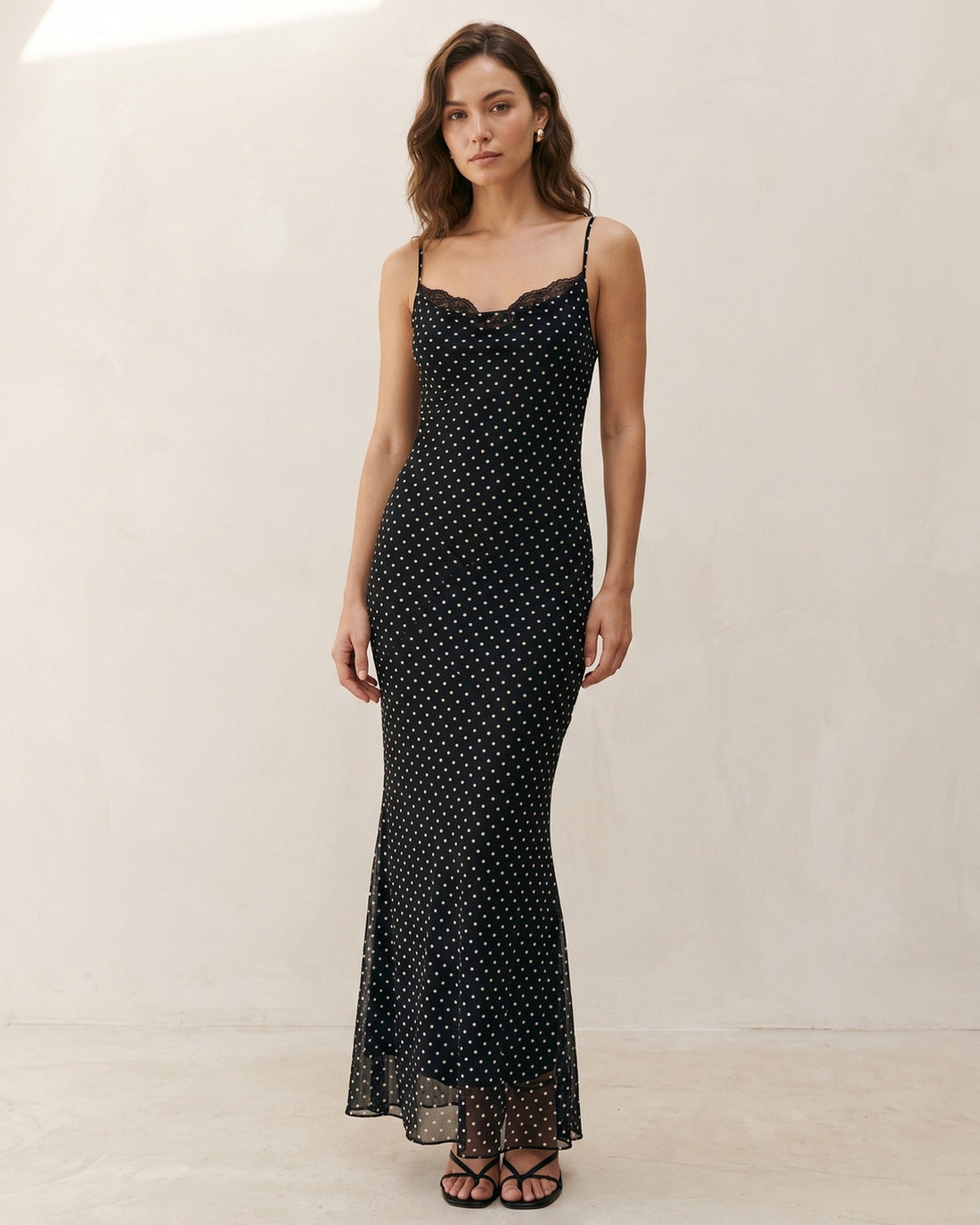 Sheer Polka Dot Mesh Maxi Dress in Black, hero view