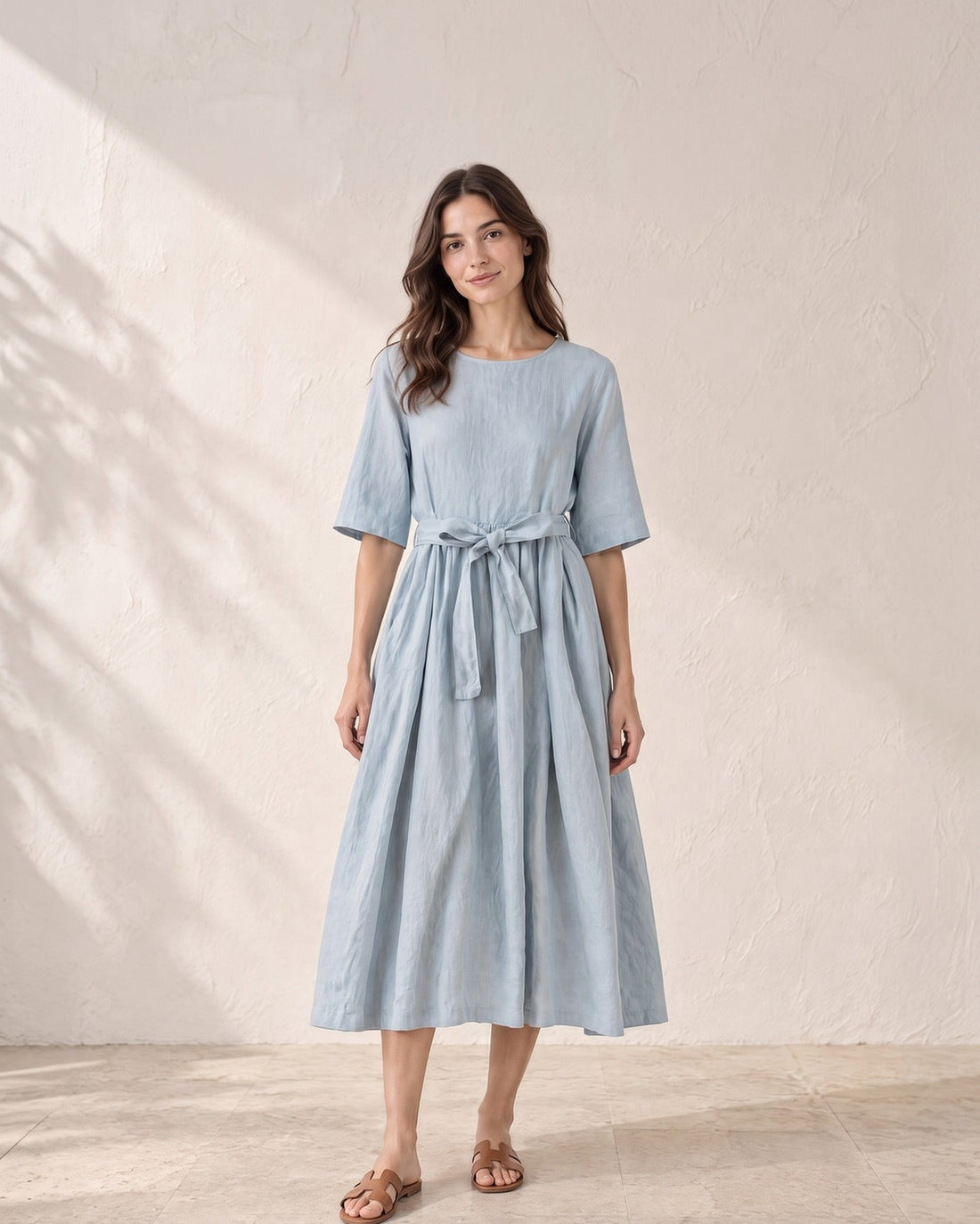 Tie-waist round neck midi dress with elbow-length sleeves from LUNETTE (Lunette Woman)