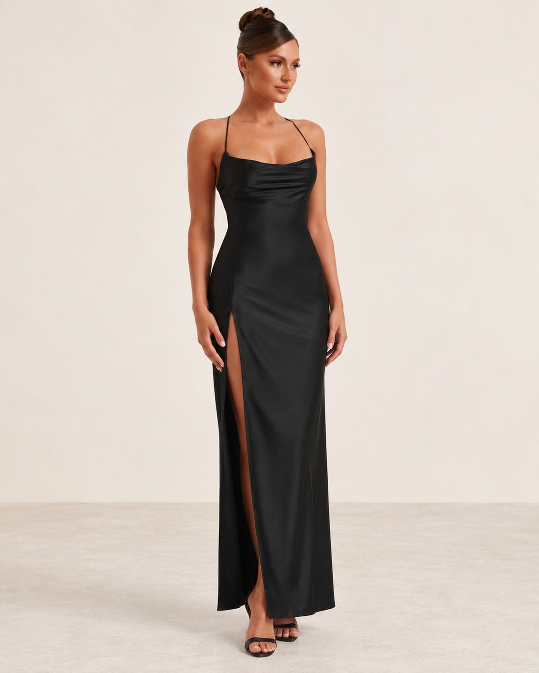 Cowl Neck Slit Satin Maxi Dress in Black, hero view