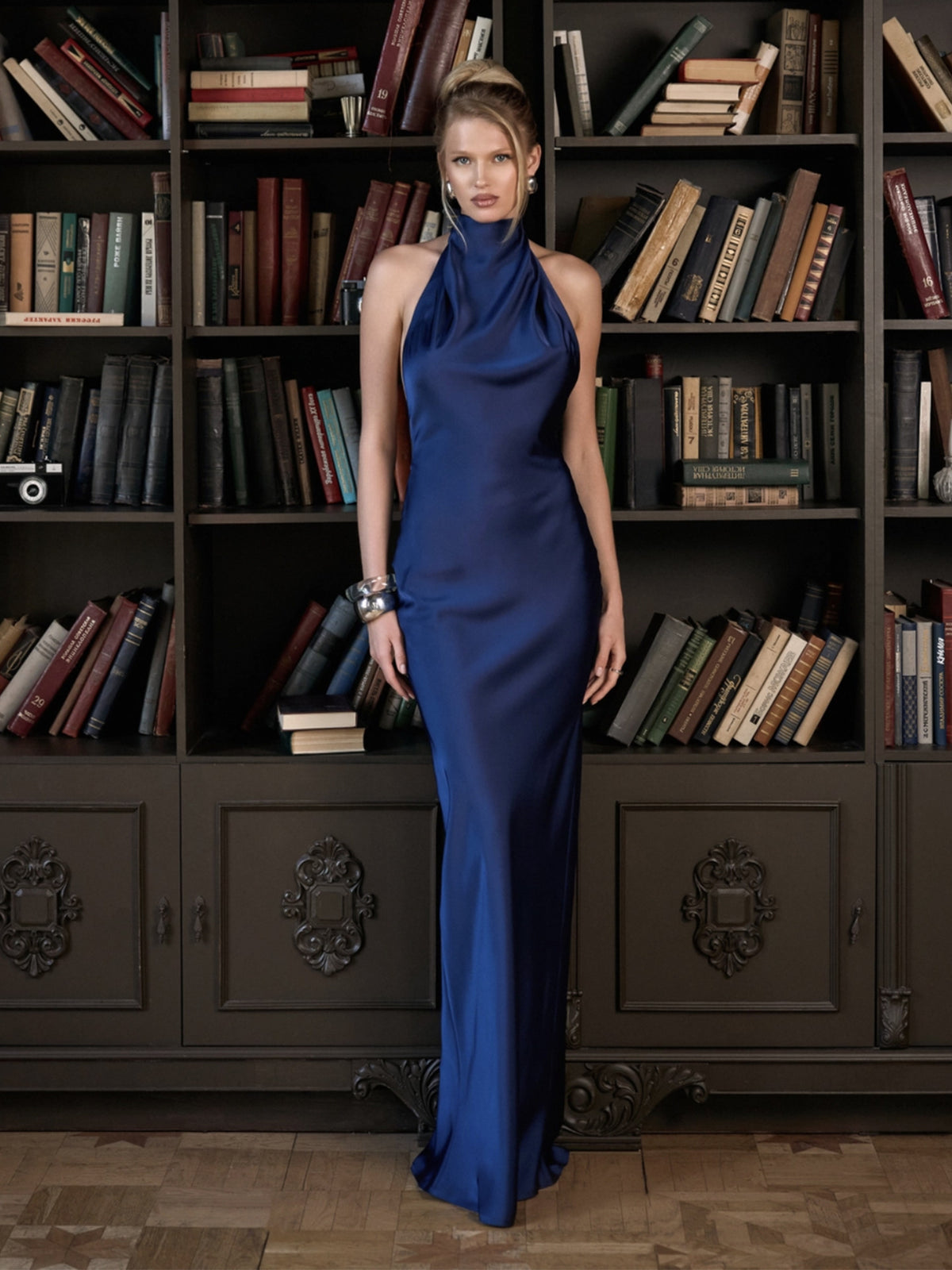 High-Neck Halter Backless Satin Mermaid Gown