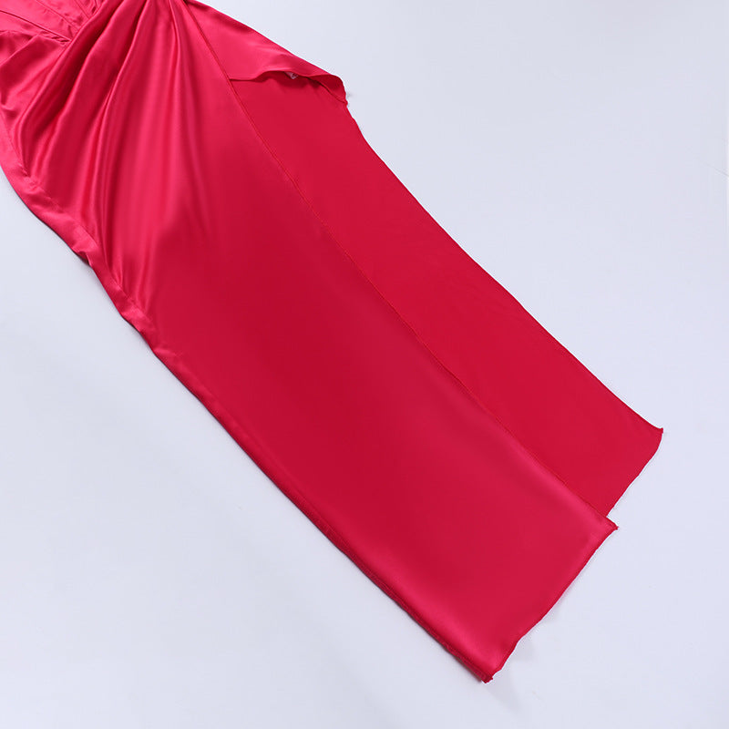 Bustier Ruched High-Slit Satin Maxi Dress