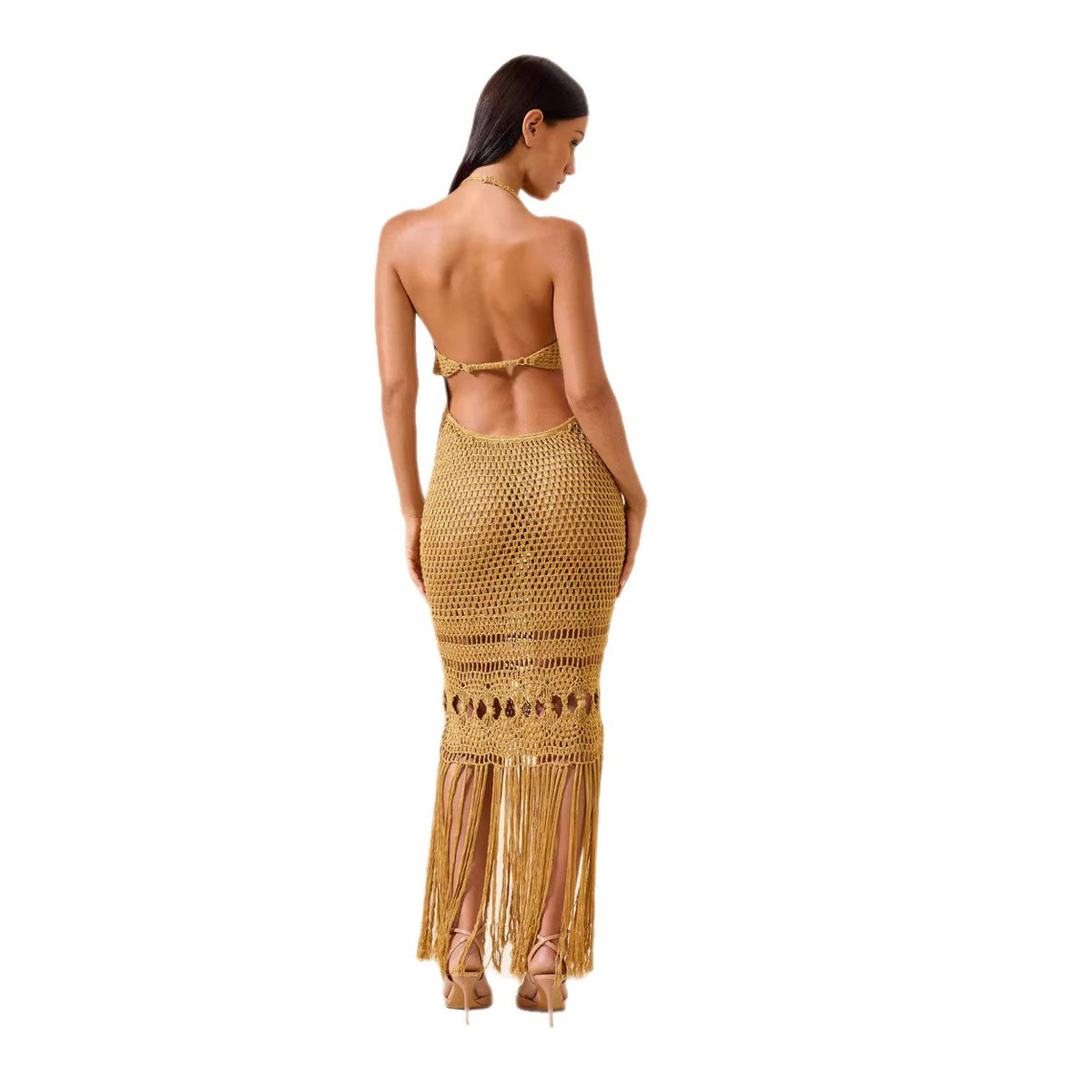 Halter Crochet Knit Cutout Fringe Maxi Dress