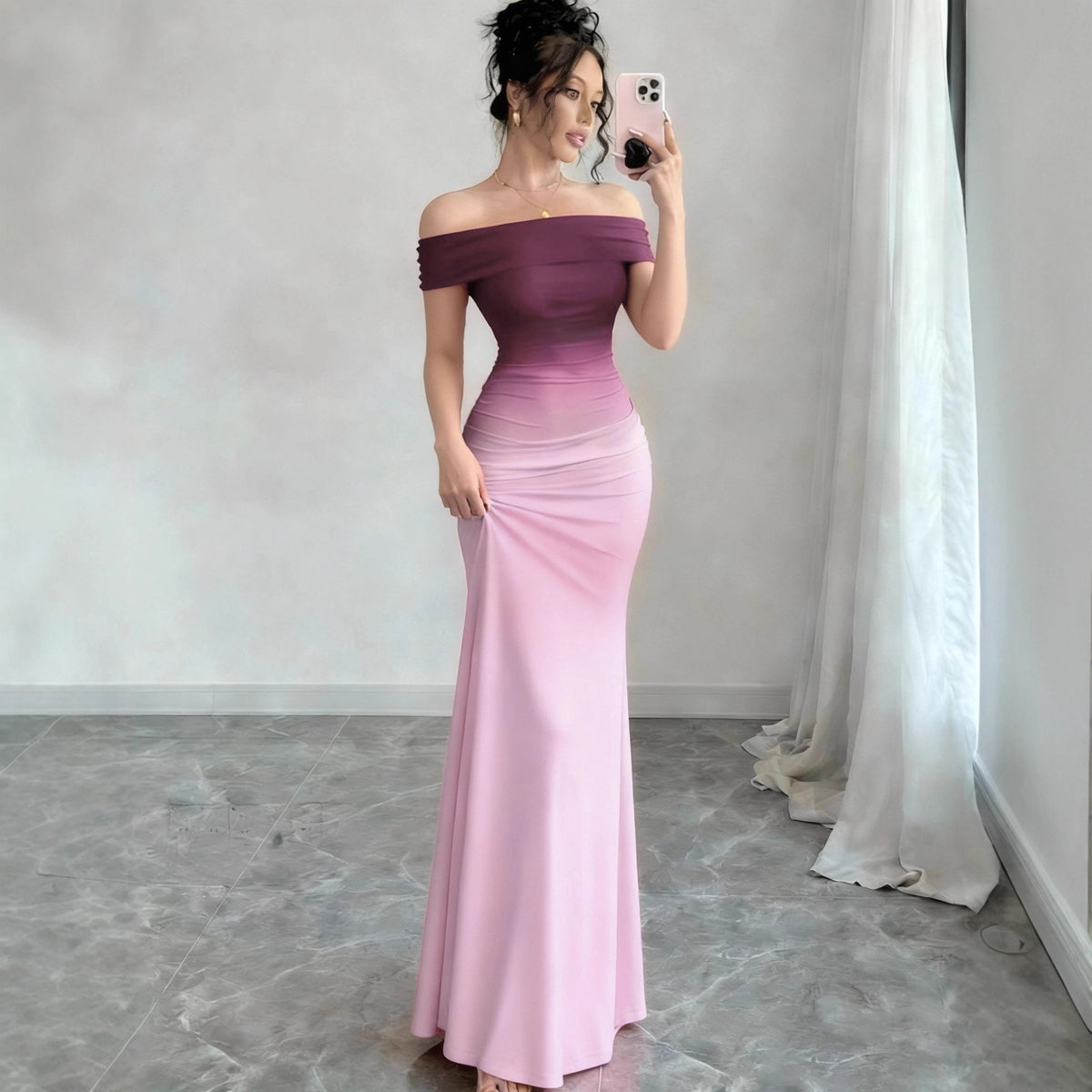 Off-Shoulder Ombre Sheath Maxi Dress