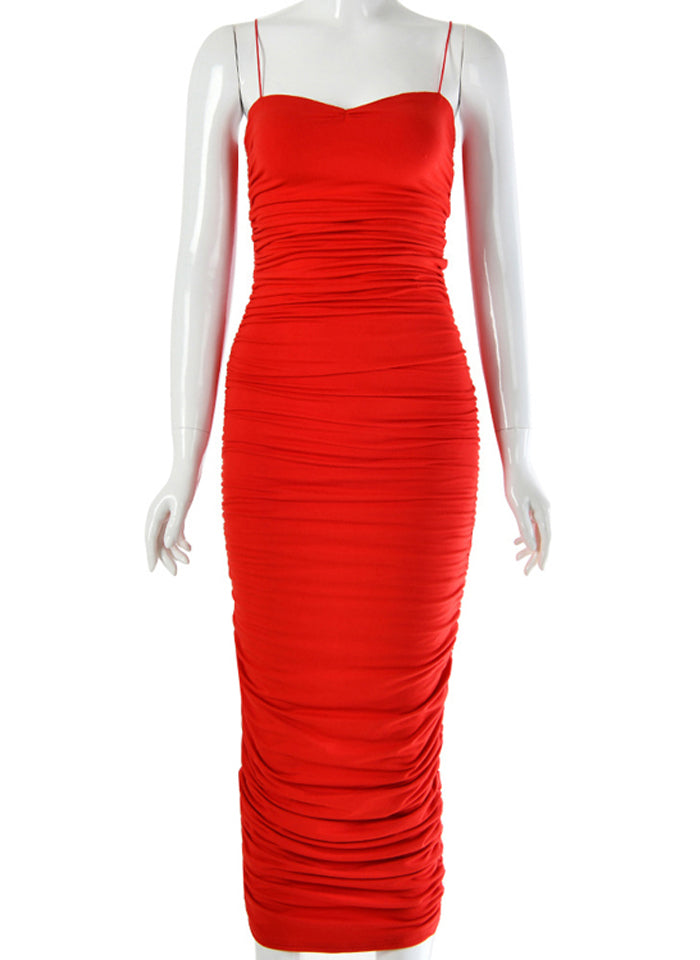 Spaghetti Strap Ruched Sweetheart Bodycon Midi Dress