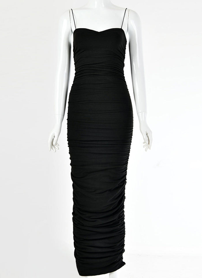 Spaghetti Strap Ruched Sweetheart Bodycon Midi Dress