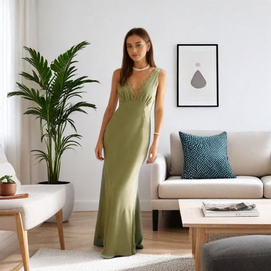 Deep V-Neck Open Back Satin Maxi Dress