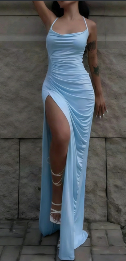 Halter Cowl Neck Ruched Side-Slit Bodycon Dress