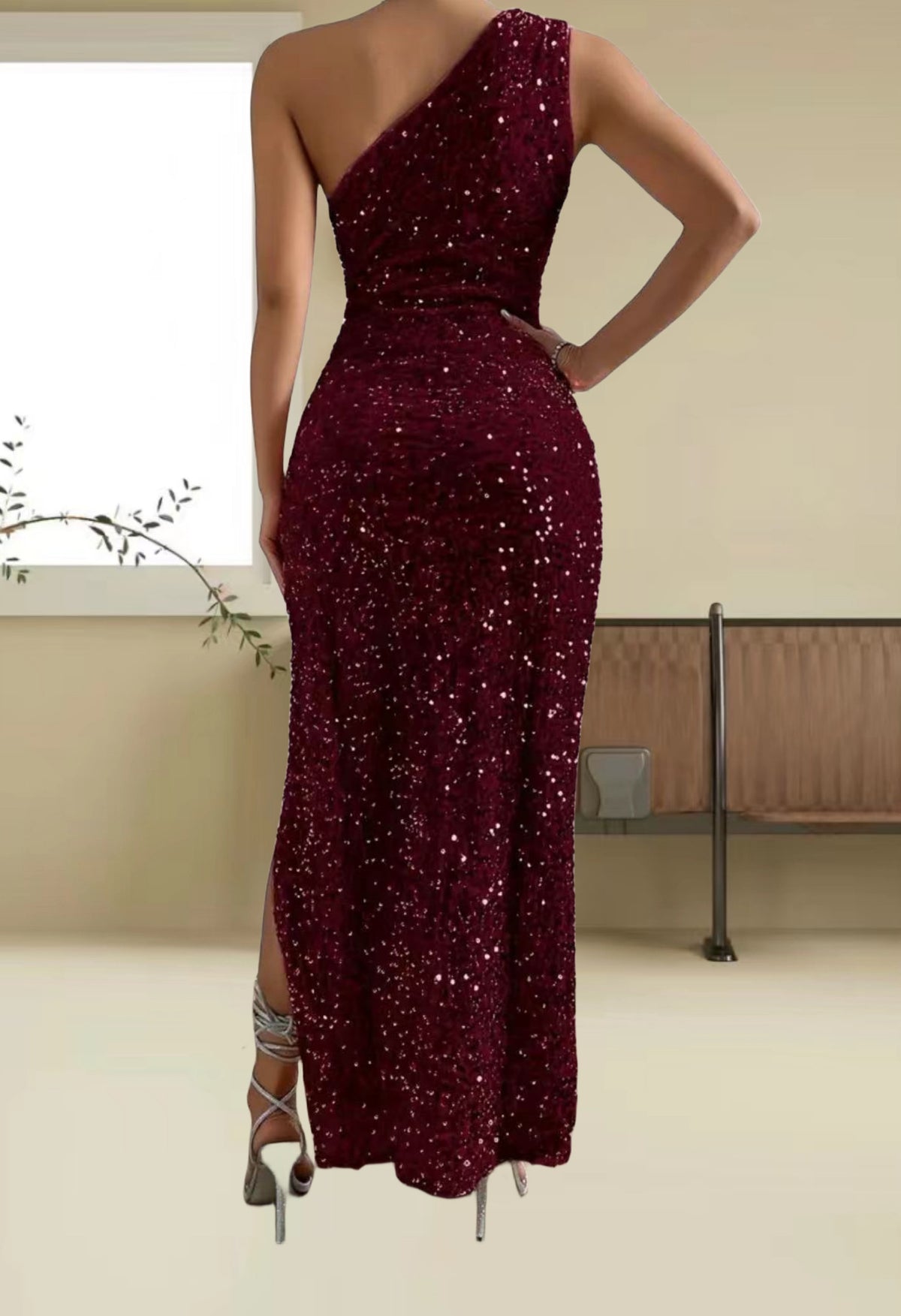 One-Shoulder Sequin Mermaid Slit Maxi Dress
