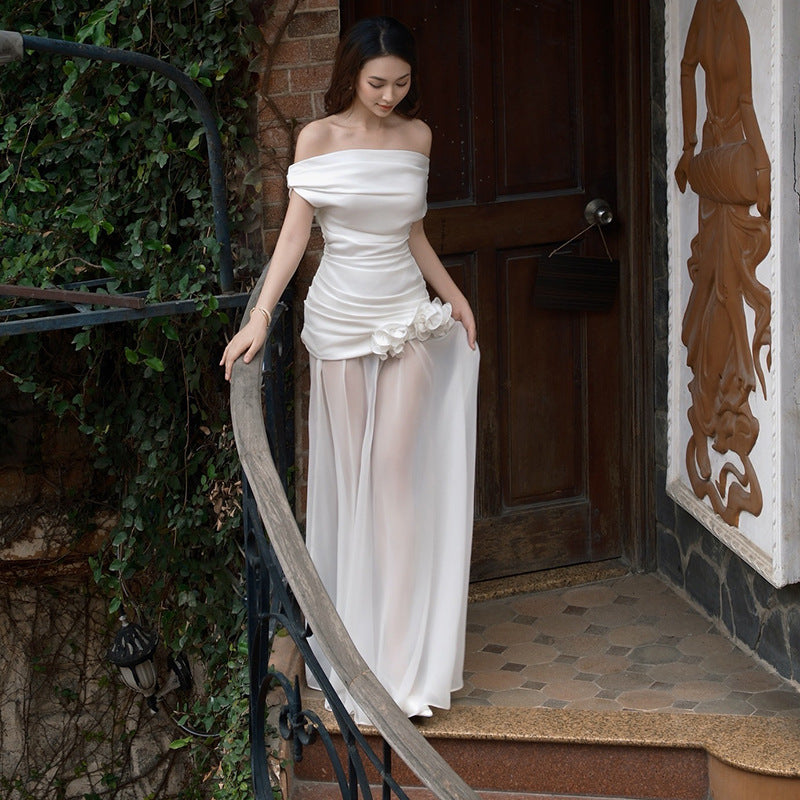 Off-Shoulder Ruched Floral Mesh Maxi Dress