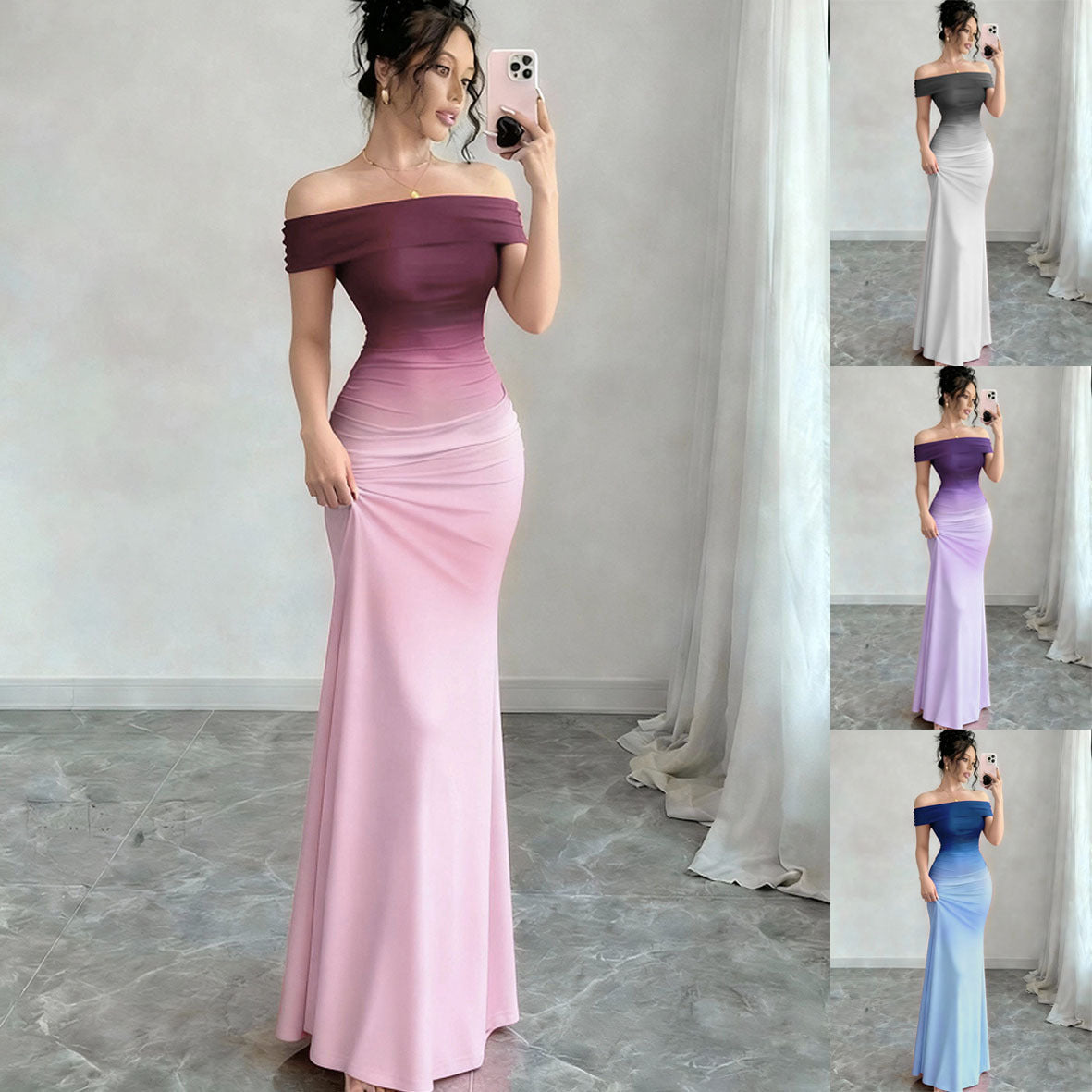 Off-Shoulder Ombre Sheath Maxi Dress