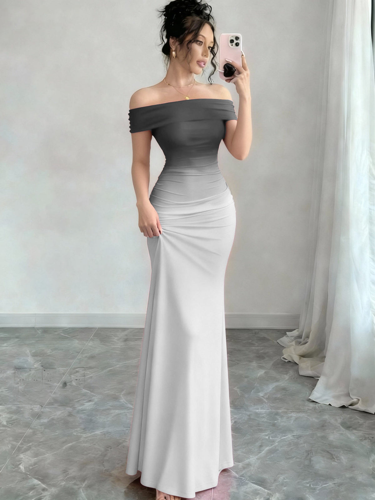 Off-Shoulder Ombre Sheath Maxi Dress