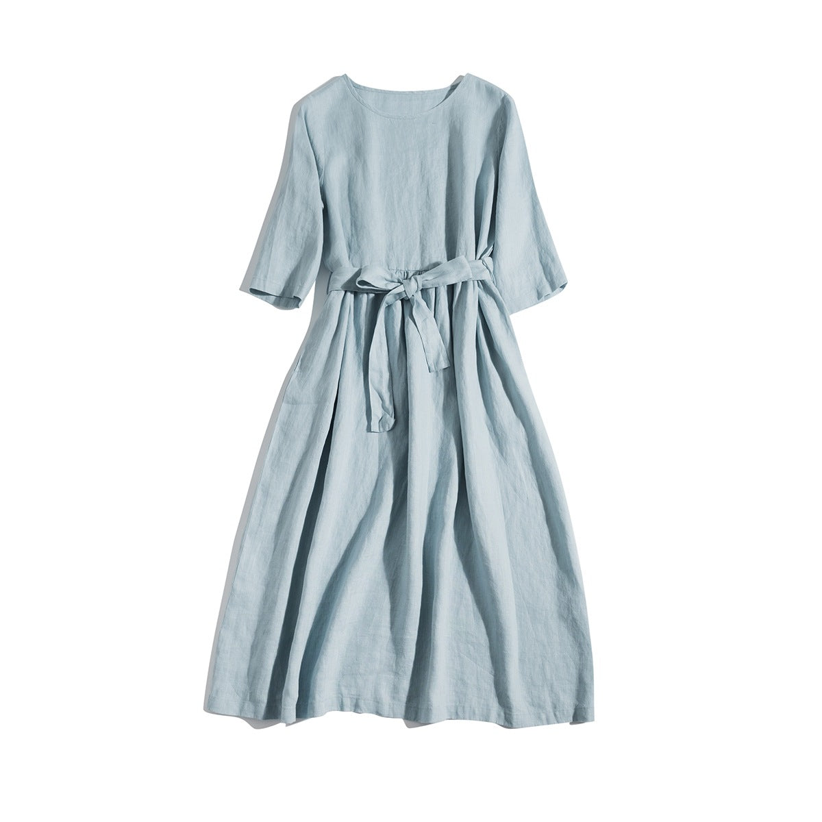 Tie-Waist Round Neck Linen Midi Dress