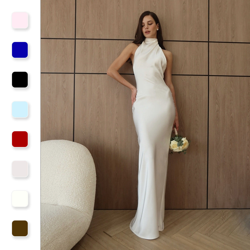 High-Neck Halter Backless Satin Mermaid Gown