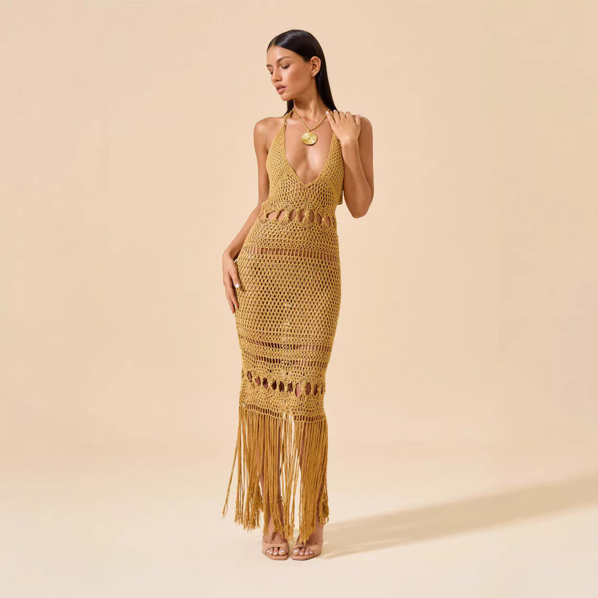 Halter Crochet Knit Cutout Fringe Maxi Dress