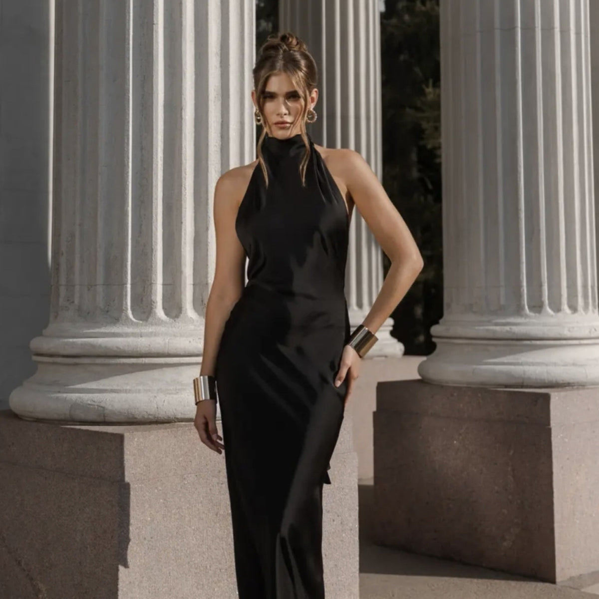High-Neck Halter Backless Satin Mermaid Gown