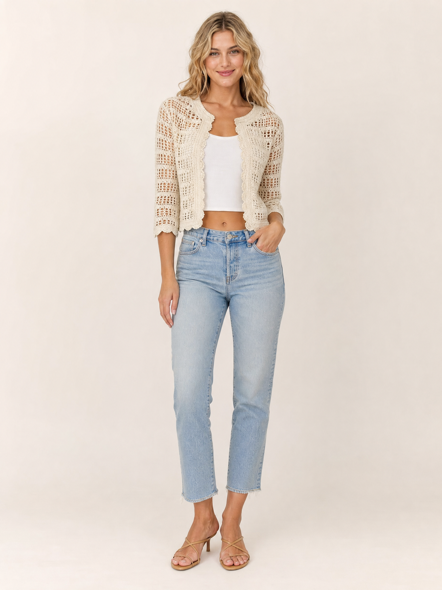 Crochet Cropped Cardigan on the LUNETTE model
