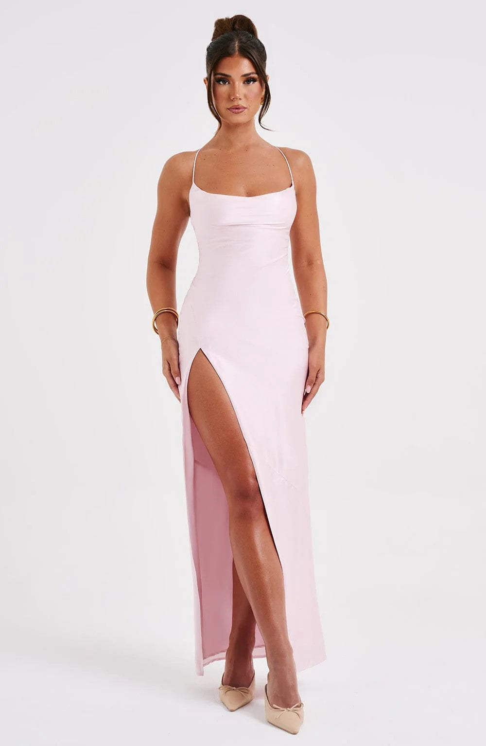 Cowl Neck Slit Satin Maxi Dress