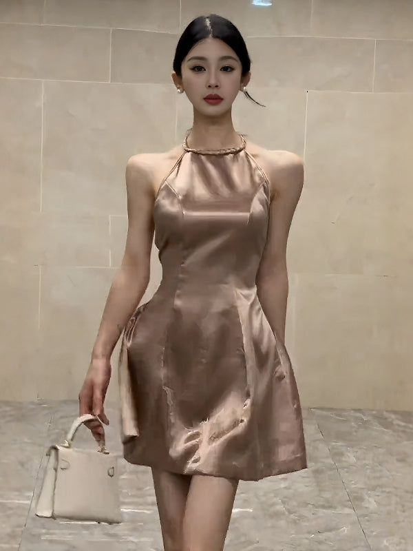 Halter Neck Satin A-Line Mini Dress