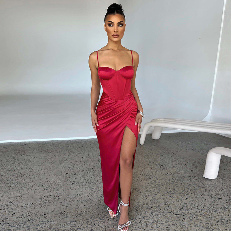 Bustier Ruched High-Slit Satin Maxi Dress