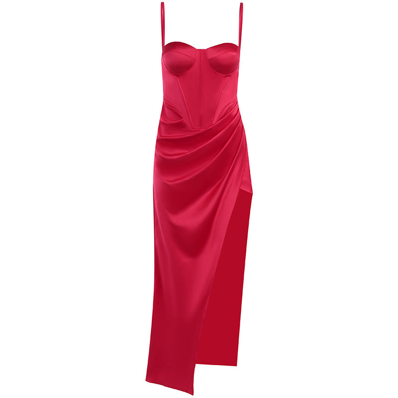 Bustier Ruched High-Slit Satin Maxi Dress