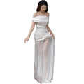 Off-Shoulder Ruched Floral Mesh Maxi Dress