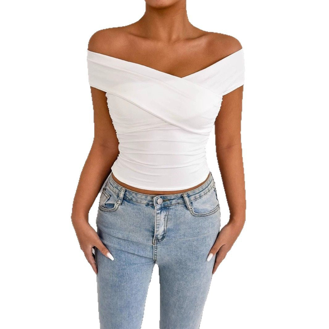 Off-Shoulder Cross-Strap Ruched Bodycon Top