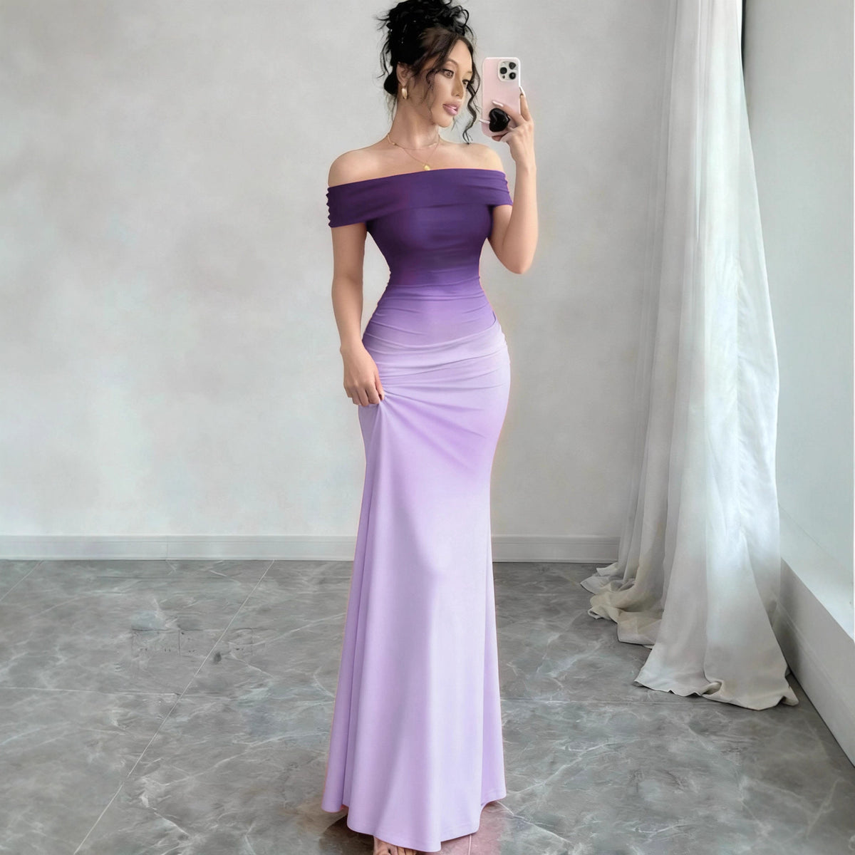 Off-Shoulder Ombre Sheath Maxi Dress