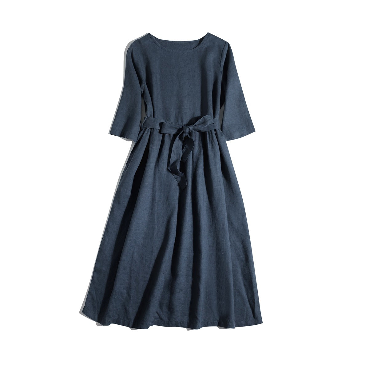 Tie-Waist Round Neck Linen Midi Dress