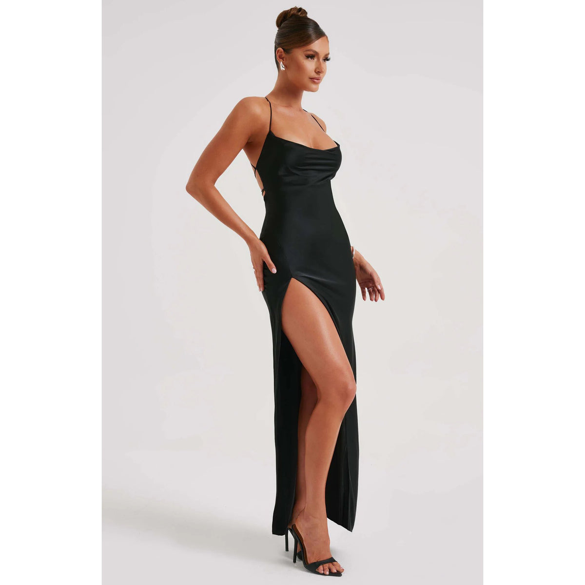 Cowl Neck Slit Satin Maxi Dress