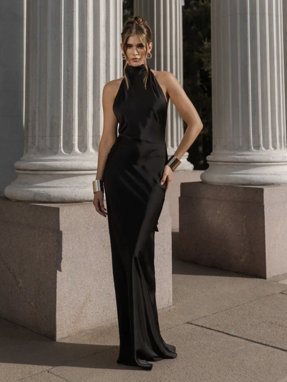 High-Neck Halter Backless Satin Mermaid Gown