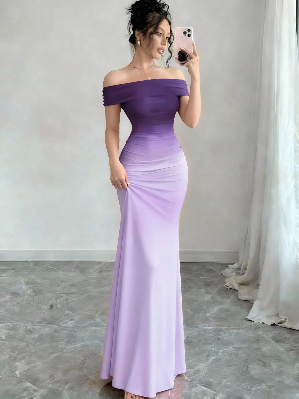 Off-Shoulder Ombre Sheath Maxi Dress