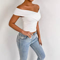 Off-Shoulder Cross-Strap Ruched Bodycon Top