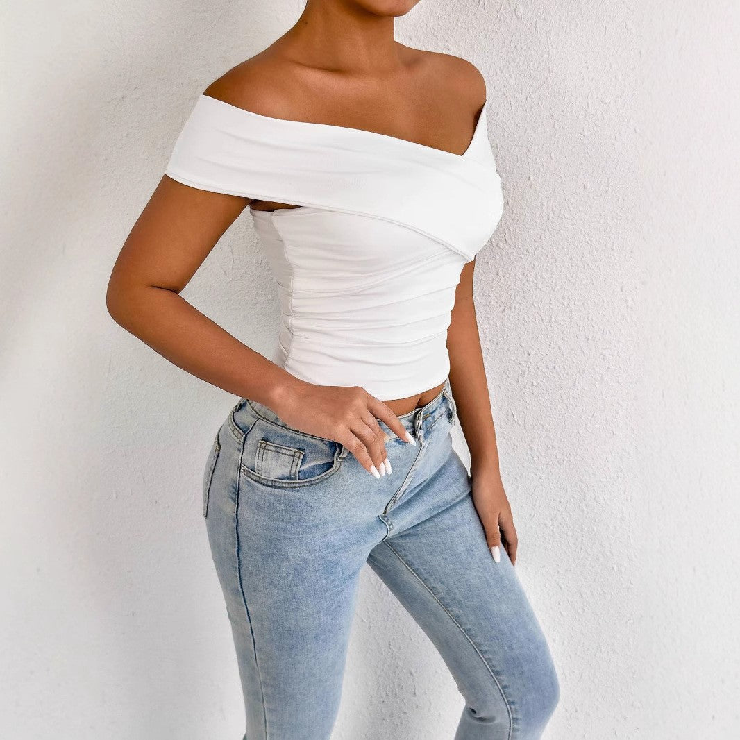 Off-Shoulder Cross-Strap Ruched Bodycon Top