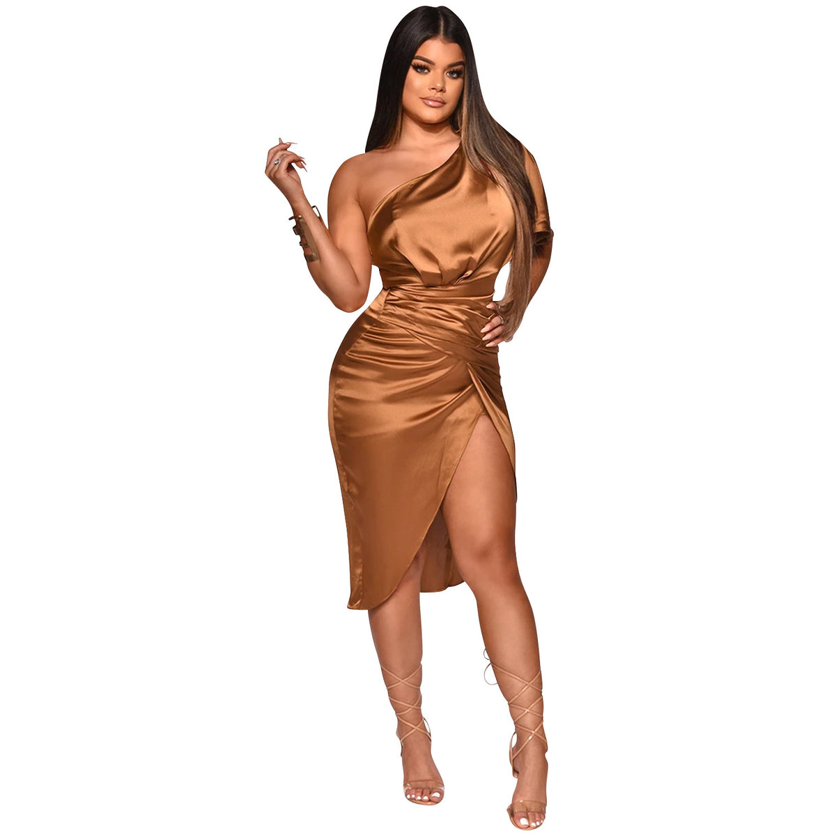 One-Shoulder Ruched Satin Slit Midi Dress