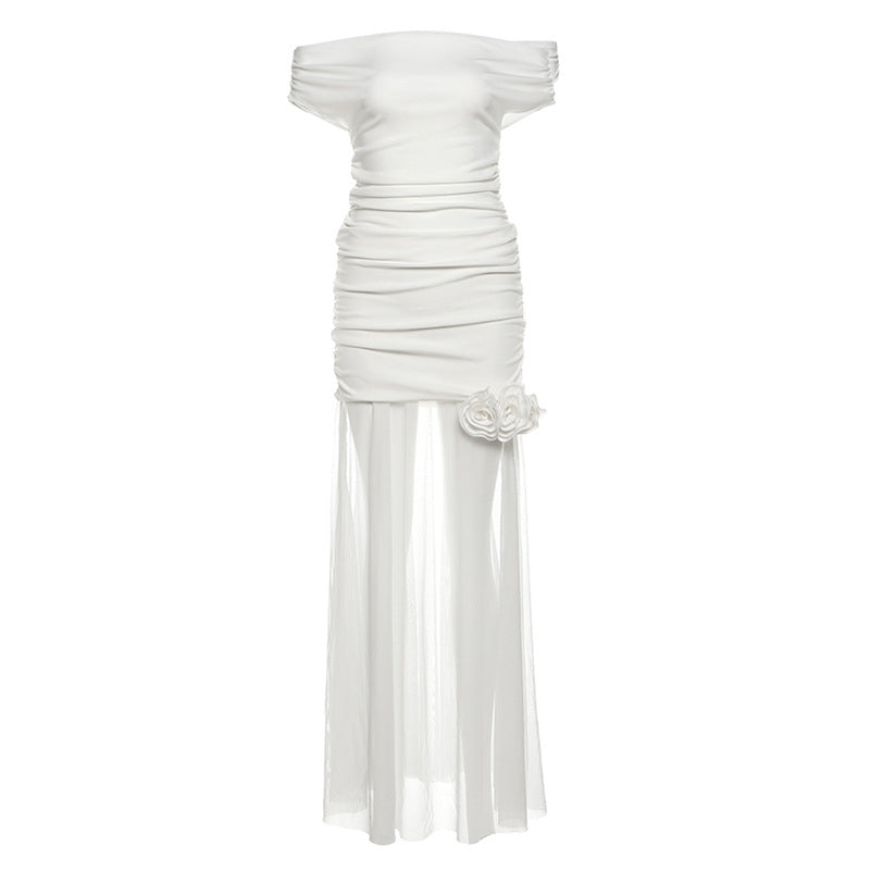 Off-Shoulder Ruched Floral Mesh Maxi Dress
