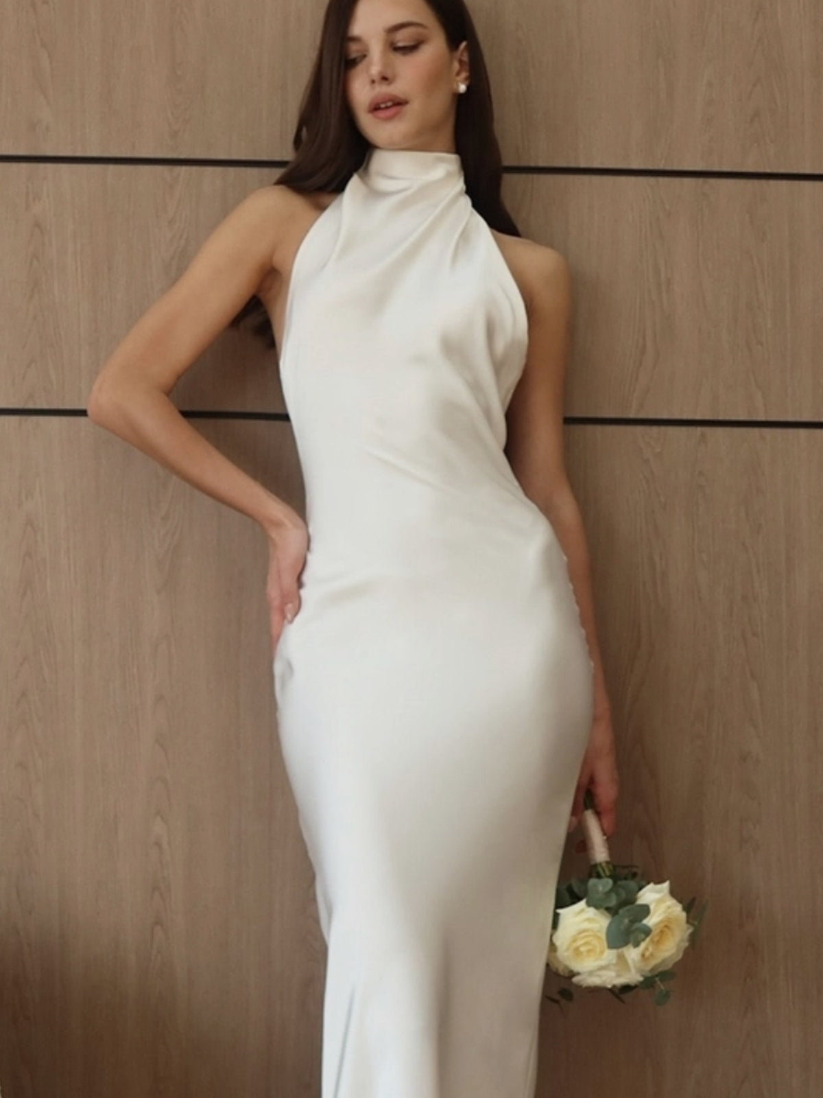 High-Neck Halter Backless Satin Mermaid Gown