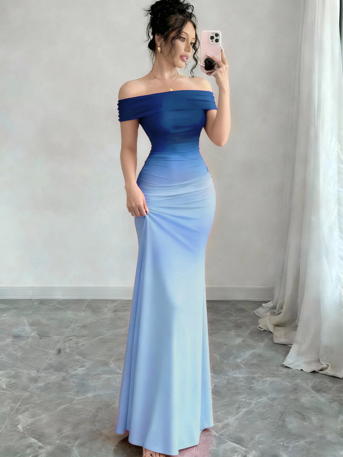 Off-Shoulder Ombre Sheath Maxi Dress