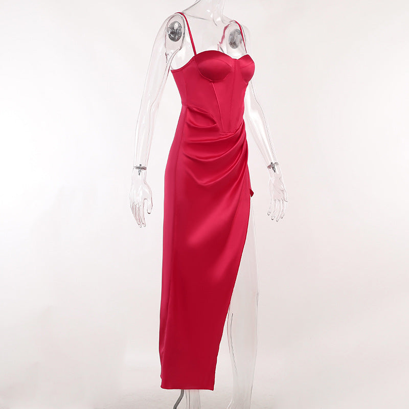 Bustier Ruched High-Slit Satin Maxi Dress