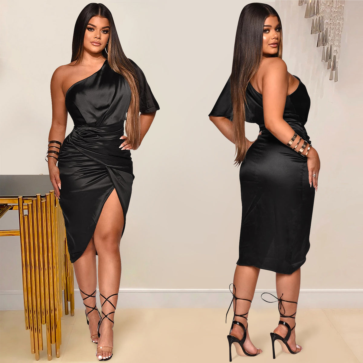 One-Shoulder Ruched Satin Slit Midi Dress