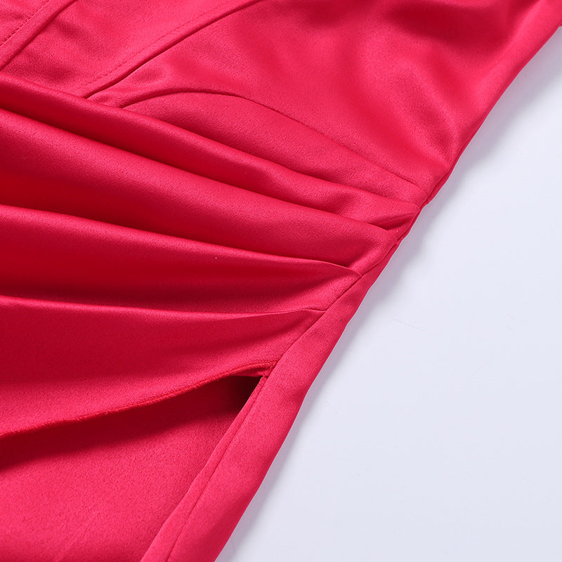 Bustier Ruched High-Slit Satin Maxi Dress