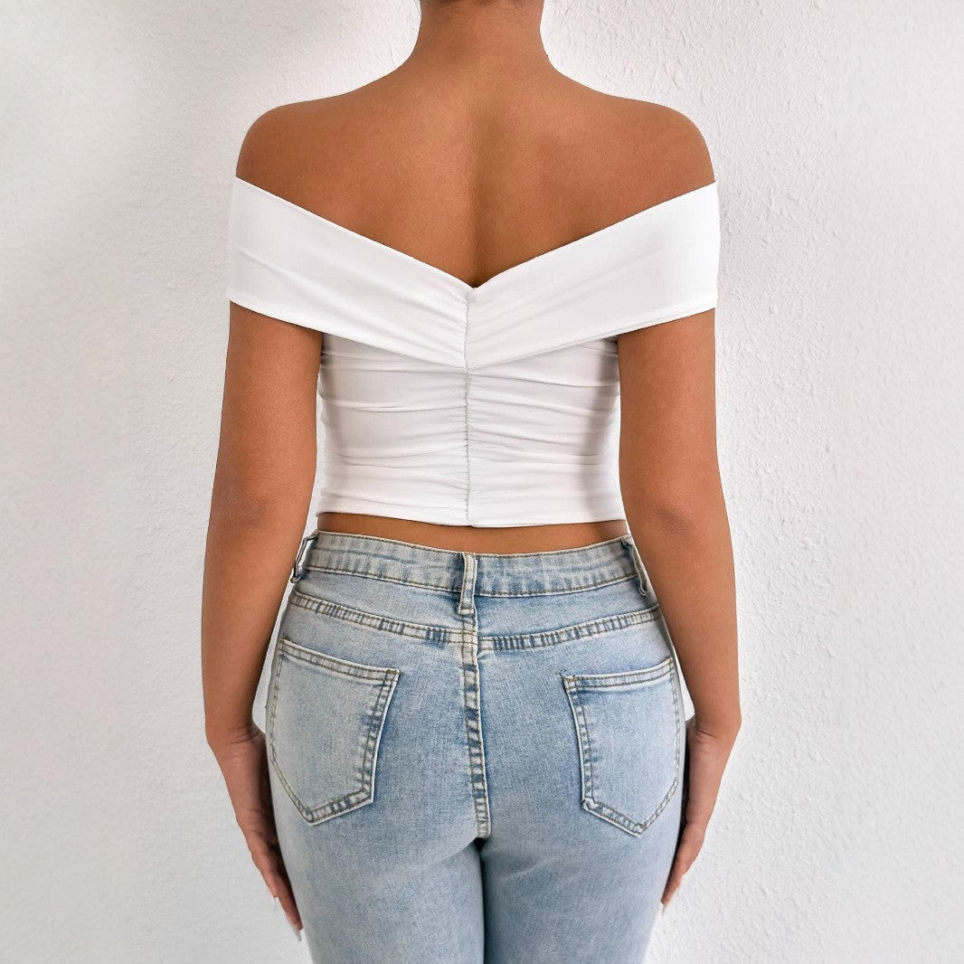 Off-Shoulder Cross-Strap Ruched Bodycon Top