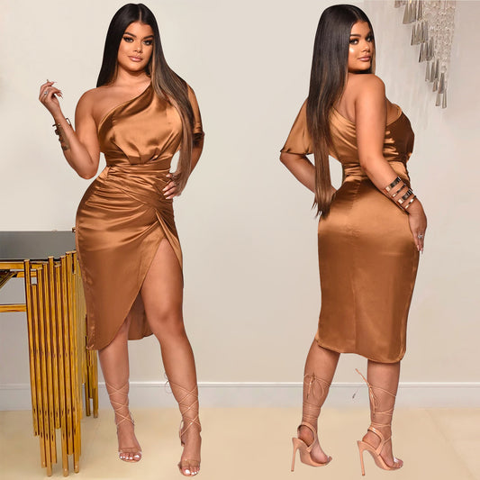 One-Shoulder Ruched Satin Slit Midi Dress