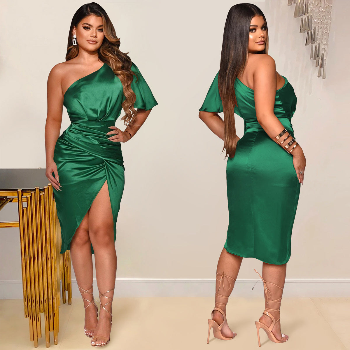 One-Shoulder Ruched Satin Slit Midi Dress