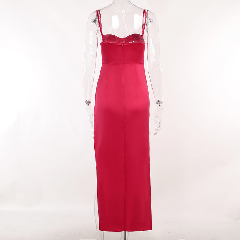 Bustier Ruched High-Slit Satin Maxi Dress
