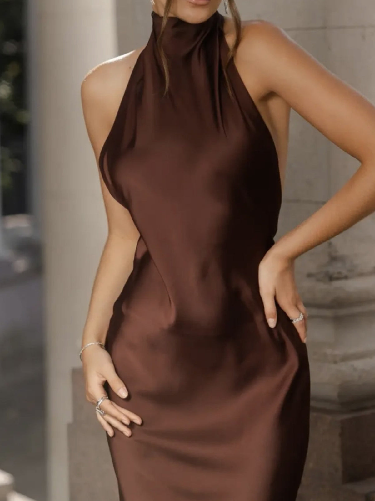 High-Neck Halter Backless Satin Mermaid Gown