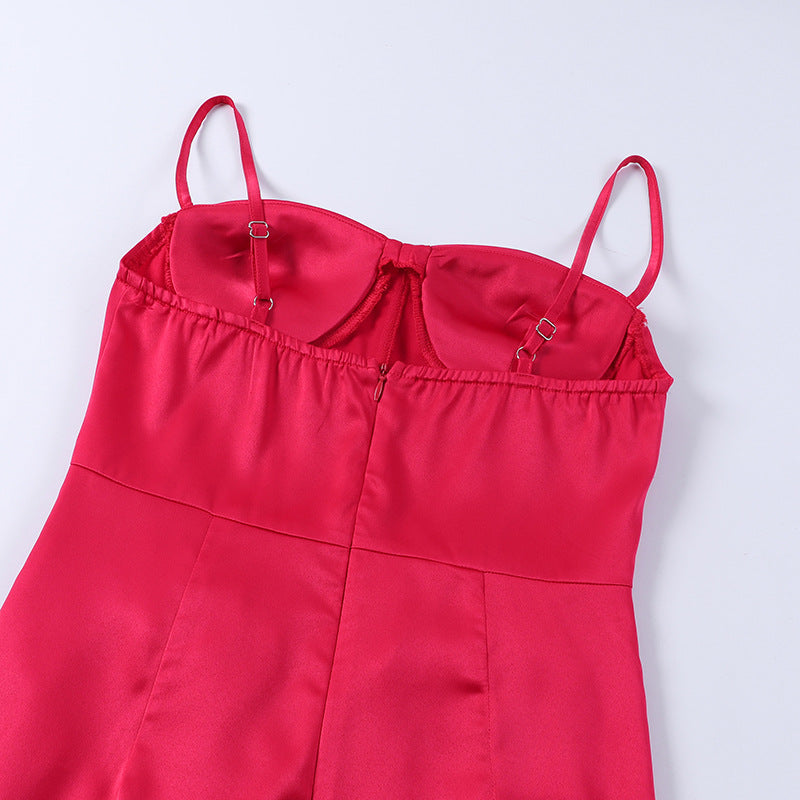 Bustier Ruched High-Slit Satin Maxi Dress