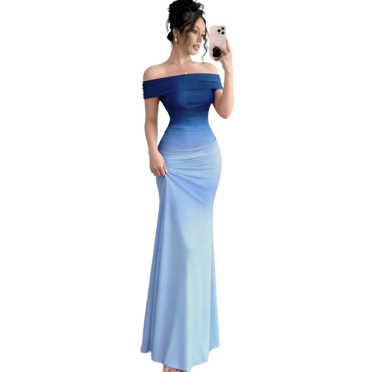 Off-Shoulder Ombre Sheath Maxi Dress